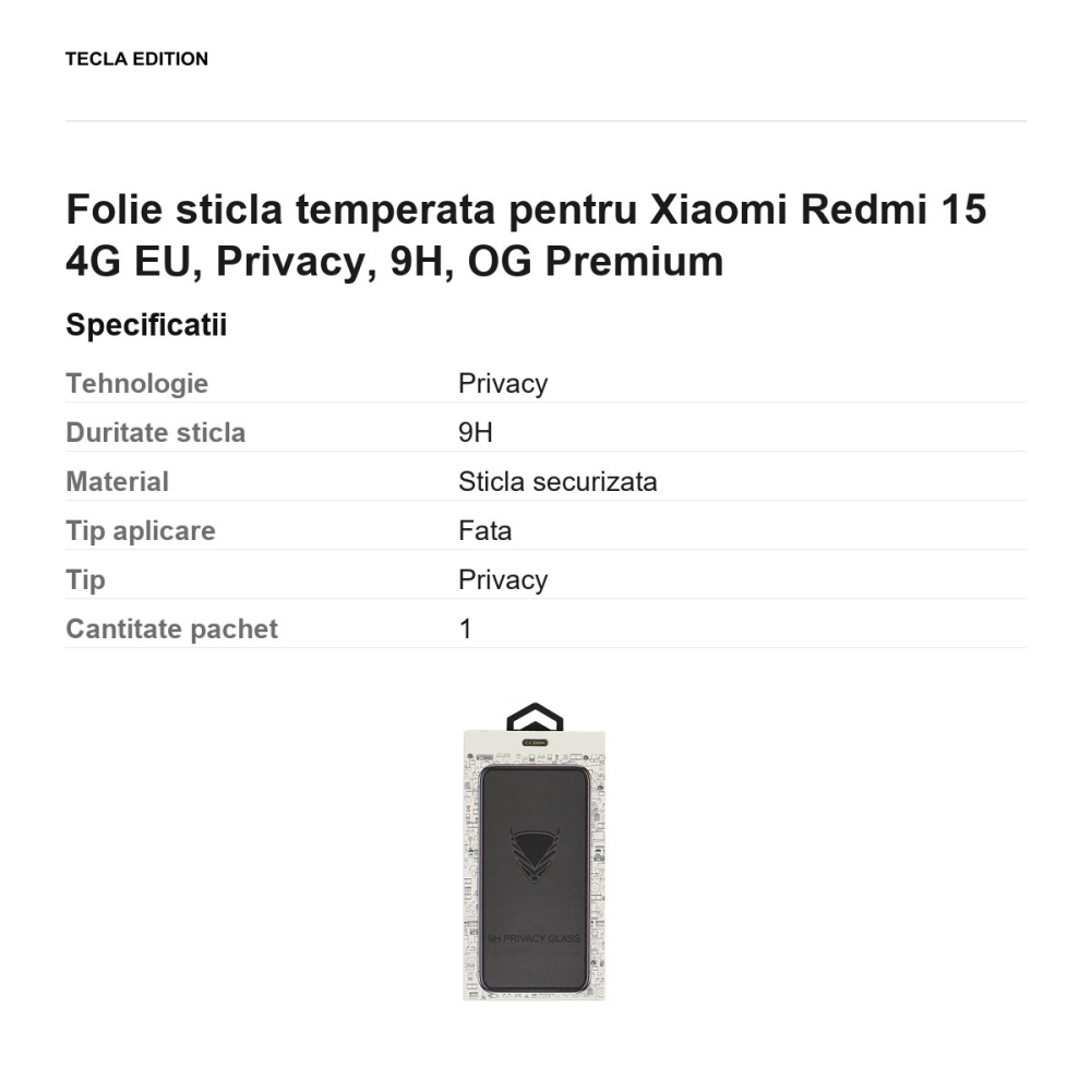 Folie sticla temperata pentru Xiaomi Redmi 15 4G EU, Privacy, 9H, OG Premium [3]