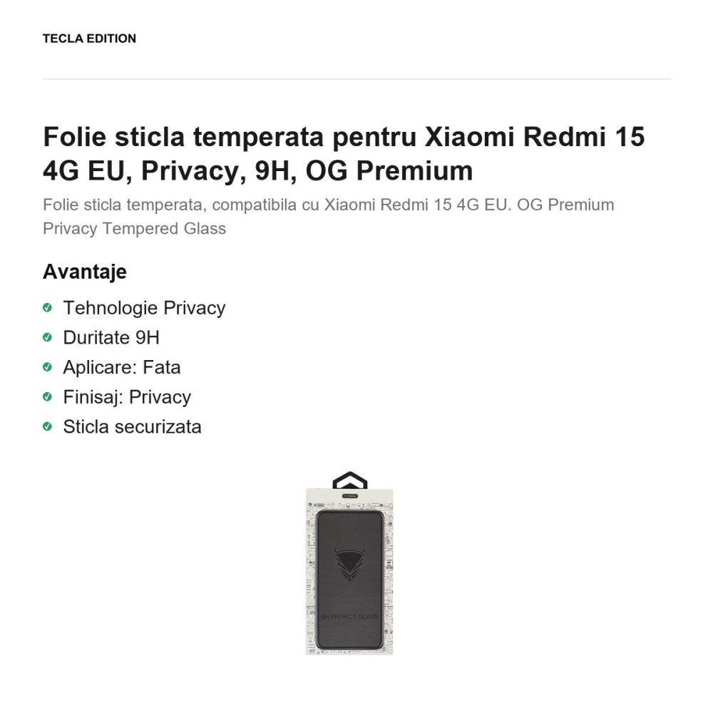 Folie sticla temperata pentru Xiaomi Redmi 15 4G EU, Privacy, 9H, OG Premium [2]