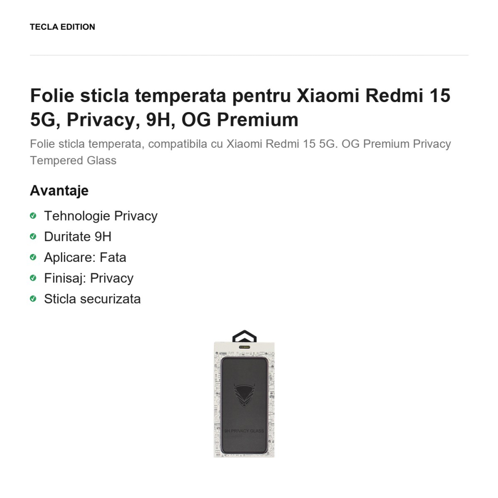 Folie sticla temperata pentru Xiaomi Redmi 15 5G, Privacy, 9H, OG Premium [2]