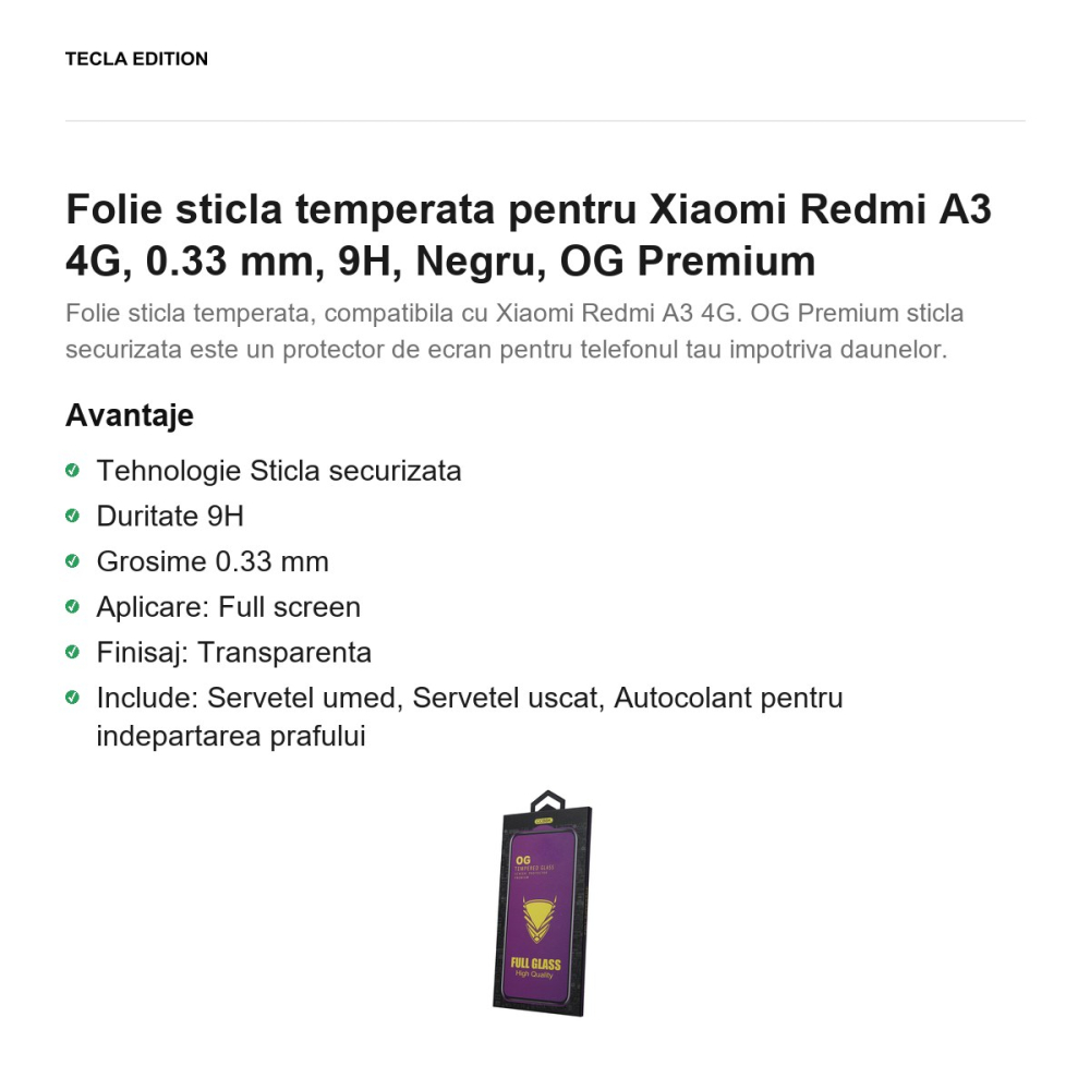 Folie sticla temperata pentru Xiaomi Redmi A3 4G, 0.33 mm, 9H, Negru, OG Premium [2]