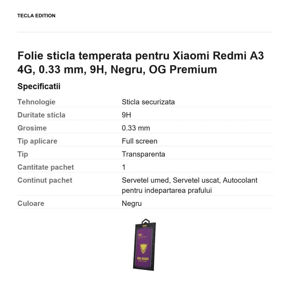 Folie sticla temperata pentru Xiaomi Redmi A3 4G, 0.33 mm, 9H, Negru, OG Premium [3]