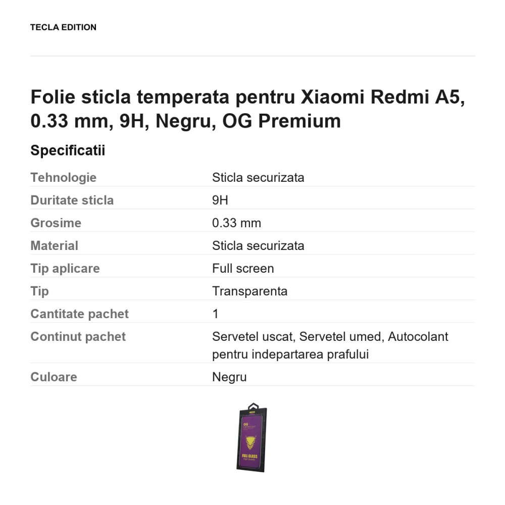 Folie sticla temperata pentru Xiaomi Redmi A5, 0.33 mm, 9H, Negru, OG Premium [3]