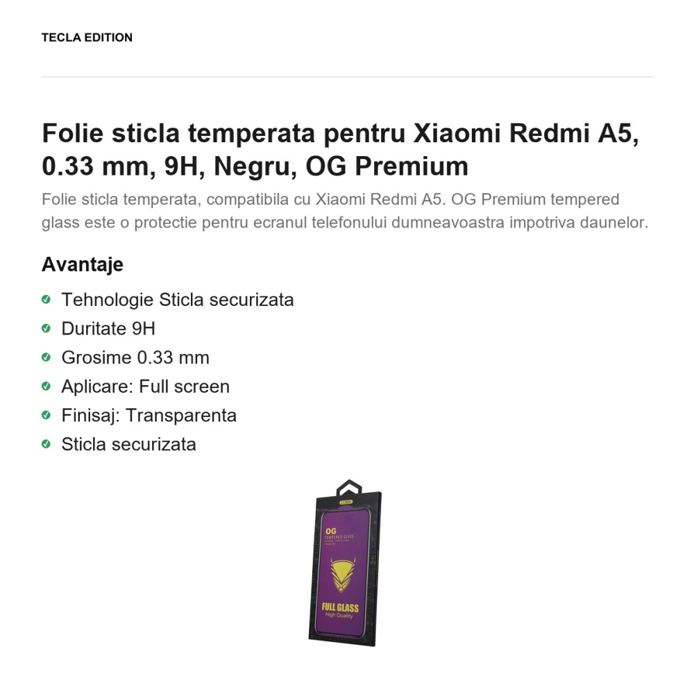 Folie sticla temperata pentru Xiaomi Redmi A5, 0.33 mm, 9H, Negru, OG Premium [2]