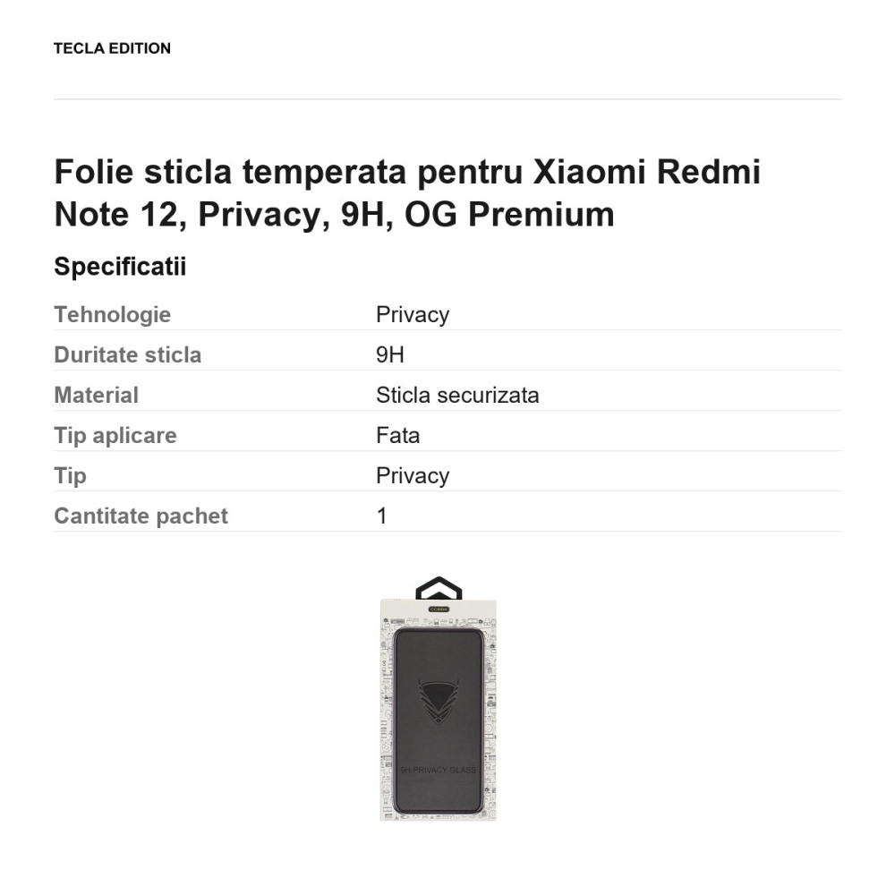 Folie sticla temperata pentru Xiaomi Redmi Note 12 4G, Privacy, 9H, OG Premium [3]