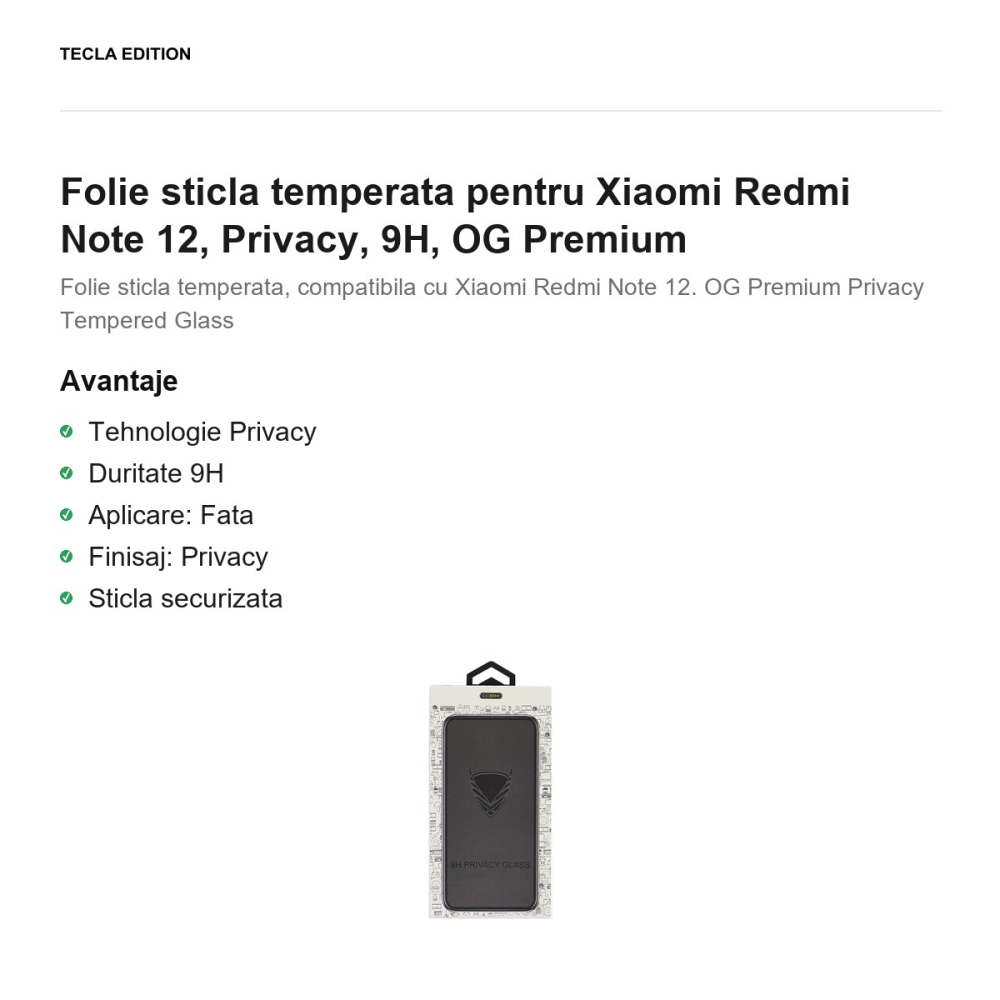 Folie sticla temperata pentru Xiaomi Redmi Note 12 4G, Privacy, 9H, OG Premium [2]