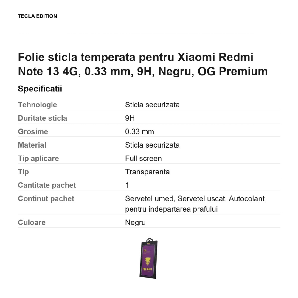 Folie sticla temperata pentru Xiaomi Redmi Note 13 4G, 0.33 mm, 9H, Negru, OG Premium [3]