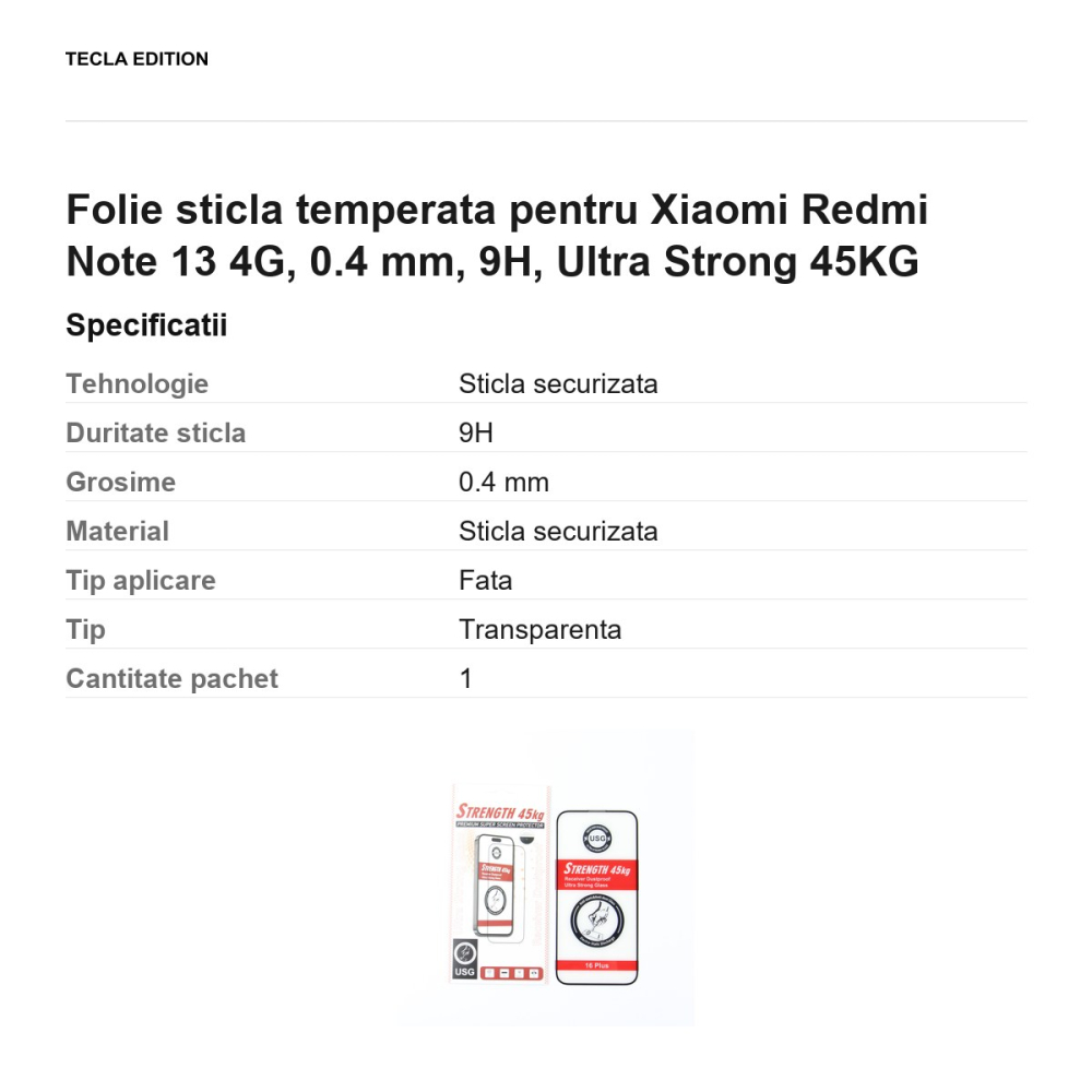 Folie sticla temperata pentru Xiaomi Redmi Note 13 4G, 0.4 mm, 9H, Ultra Strong 45KG [3]