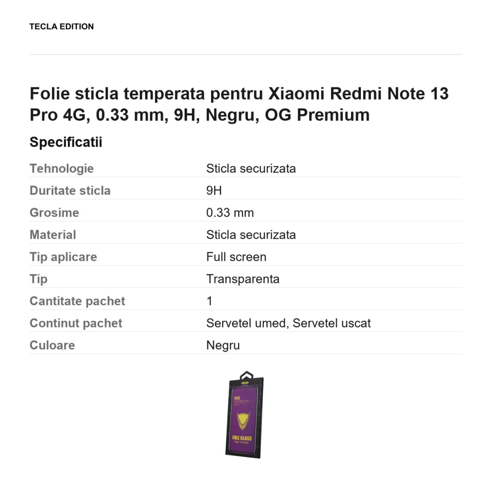 Folie sticla temperata pentru Xiaomi Redmi Note 13 Pro 4G, 0.33 mm, 9H, Negru, OG Premium [3]