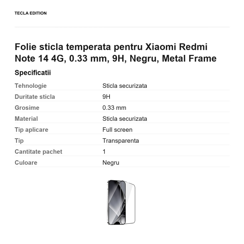 Folie sticla temperata pentru Xiaomi Redmi Note 14 4G, 0.33 mm, 9H, Negru, Metal Frame [3]
