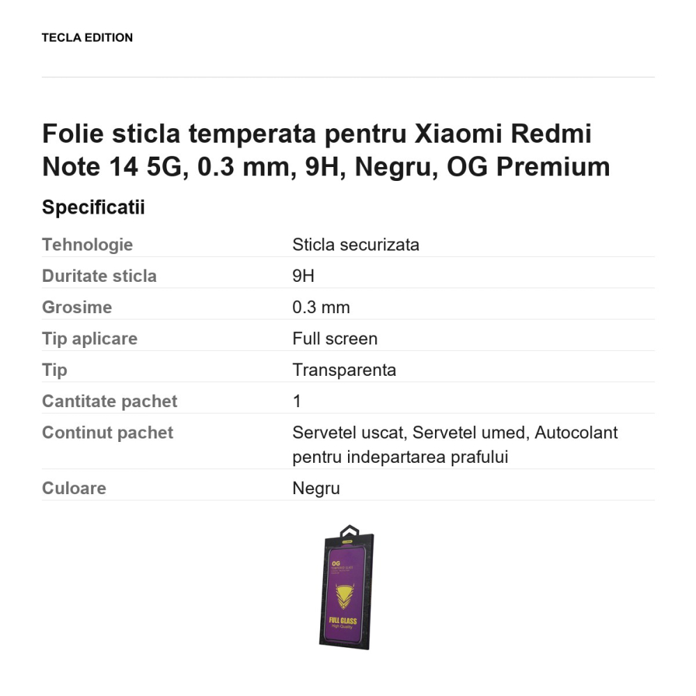 Folie sticla temperata pentru Xiaomi Redmi Note 14 5G, 0.3 mm, 9H, Negru, OG Premium [3]