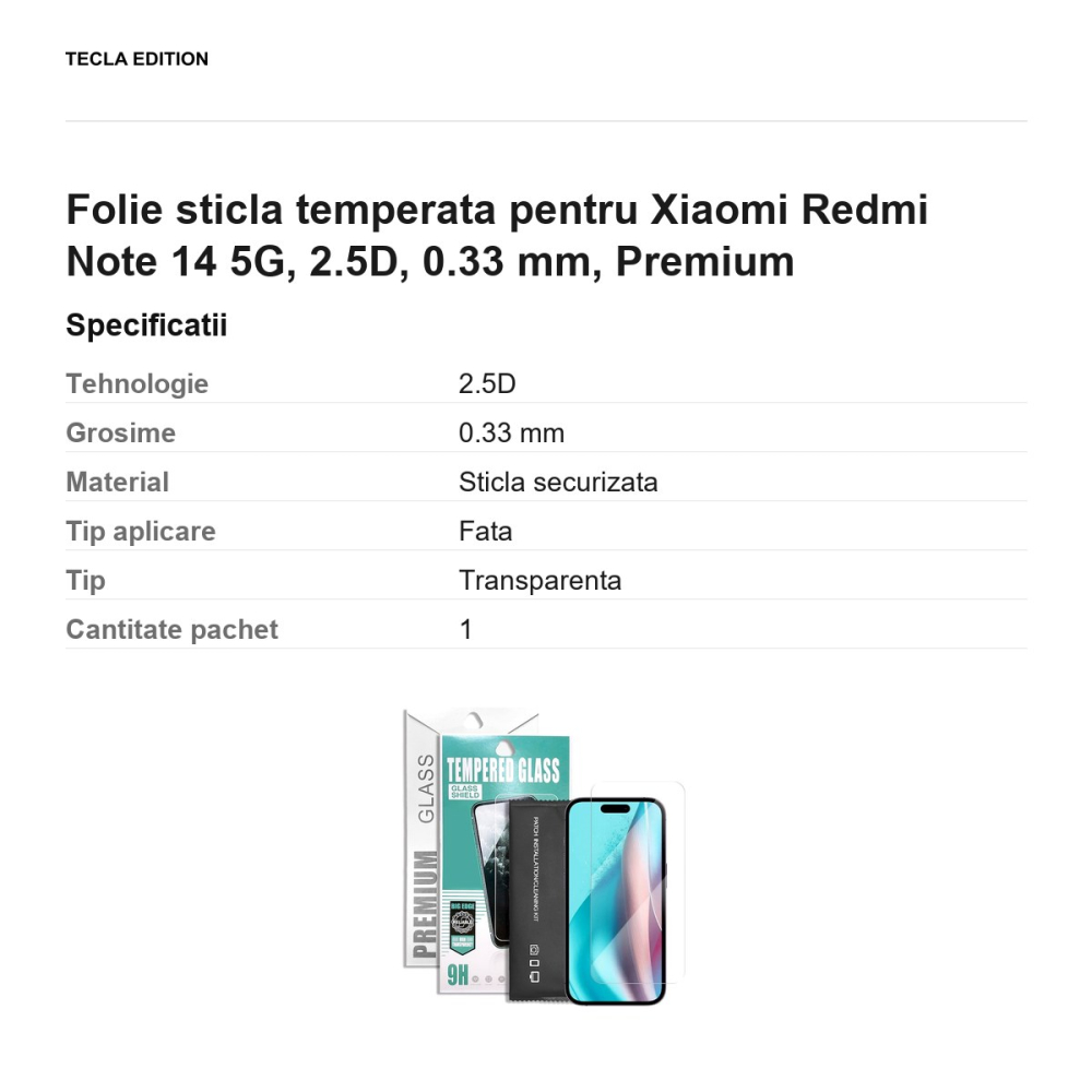 Folie sticla temperata pentru Xiaomi Redmi Note 14 5G, 2.5D, 0.33 mm, Premium [3]