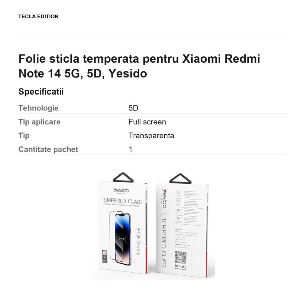 Folie sticla temperata pentru Xiaomi Redmi Note 14 5G, 5D, Yesido [3]