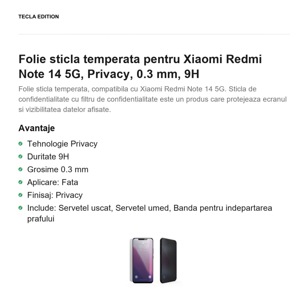Folie sticla temperata pentru Xiaomi Redmi Note 14 5G, Privacy, 0.3 mm, 9H [2]