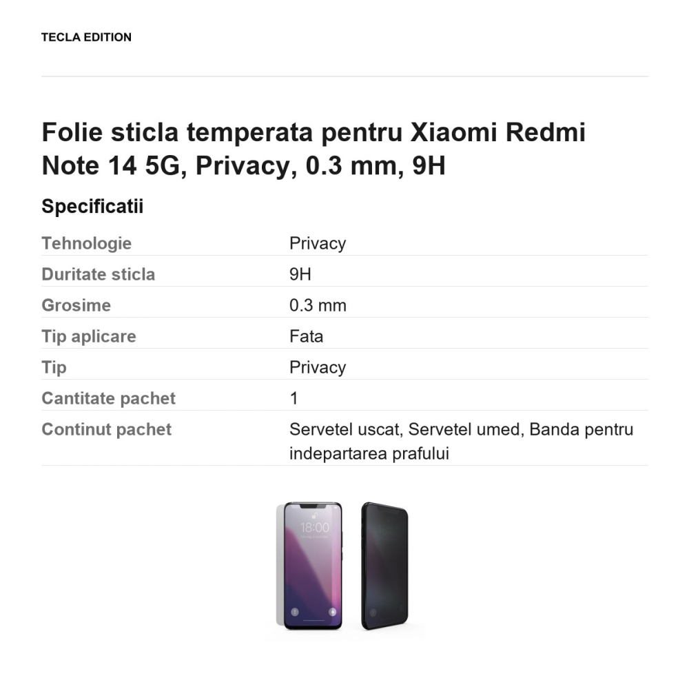 Folie sticla temperata pentru Xiaomi Redmi Note 14 5G, Privacy, 0.3 mm, 9H [3]
