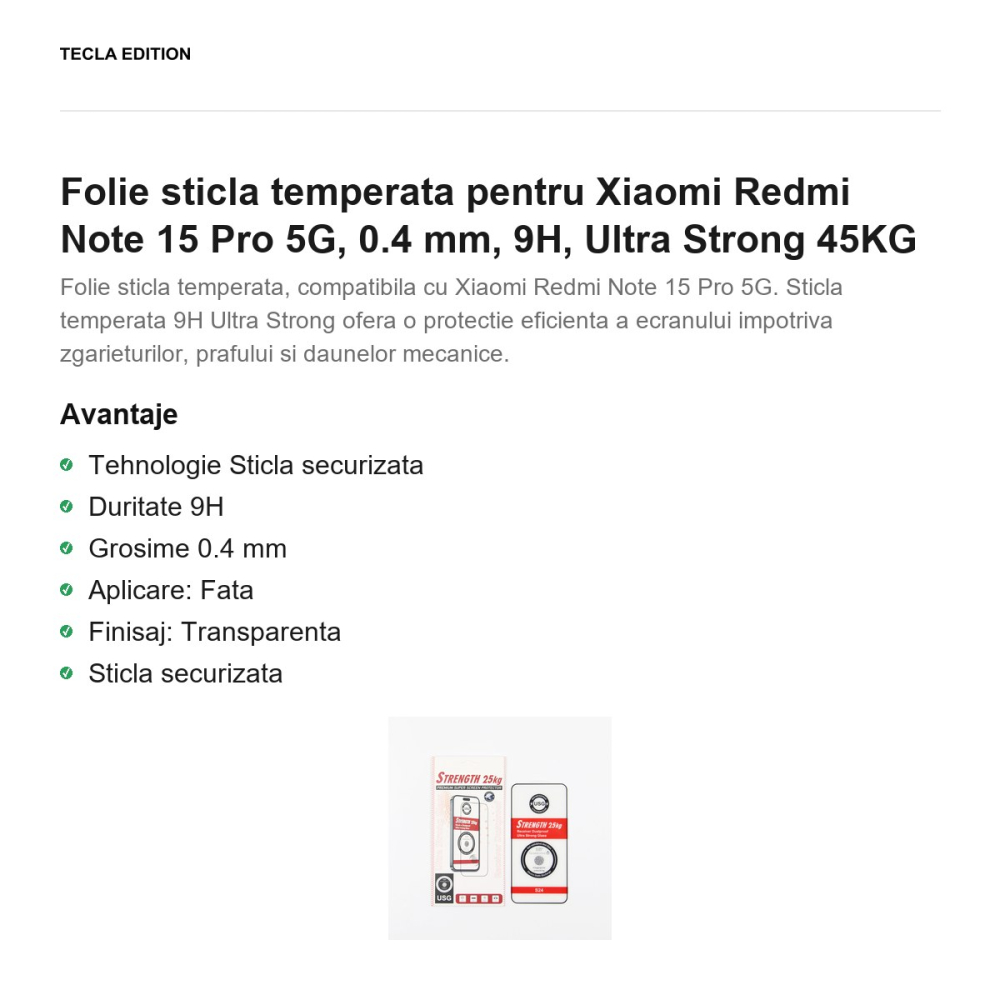 Folie sticla temperata pentru Xiaomi Redmi Note 15 Pro 5G, 0.4 mm, 9H, Ultra Strong 45KG [2]