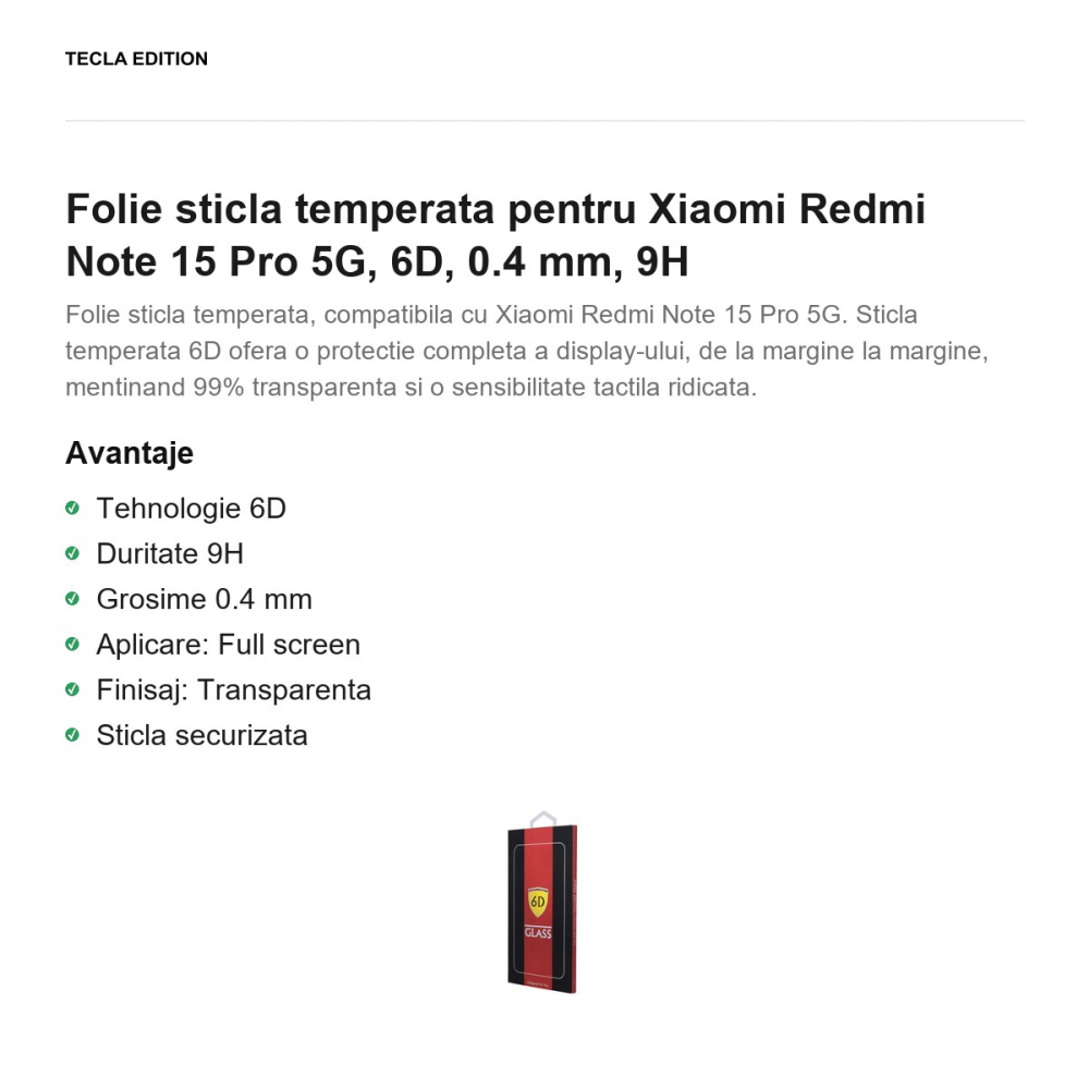 Folie sticla temperata pentru Xiaomi Redmi Note 15 Pro 5G, 6D, 0.4 mm, 9H [2]