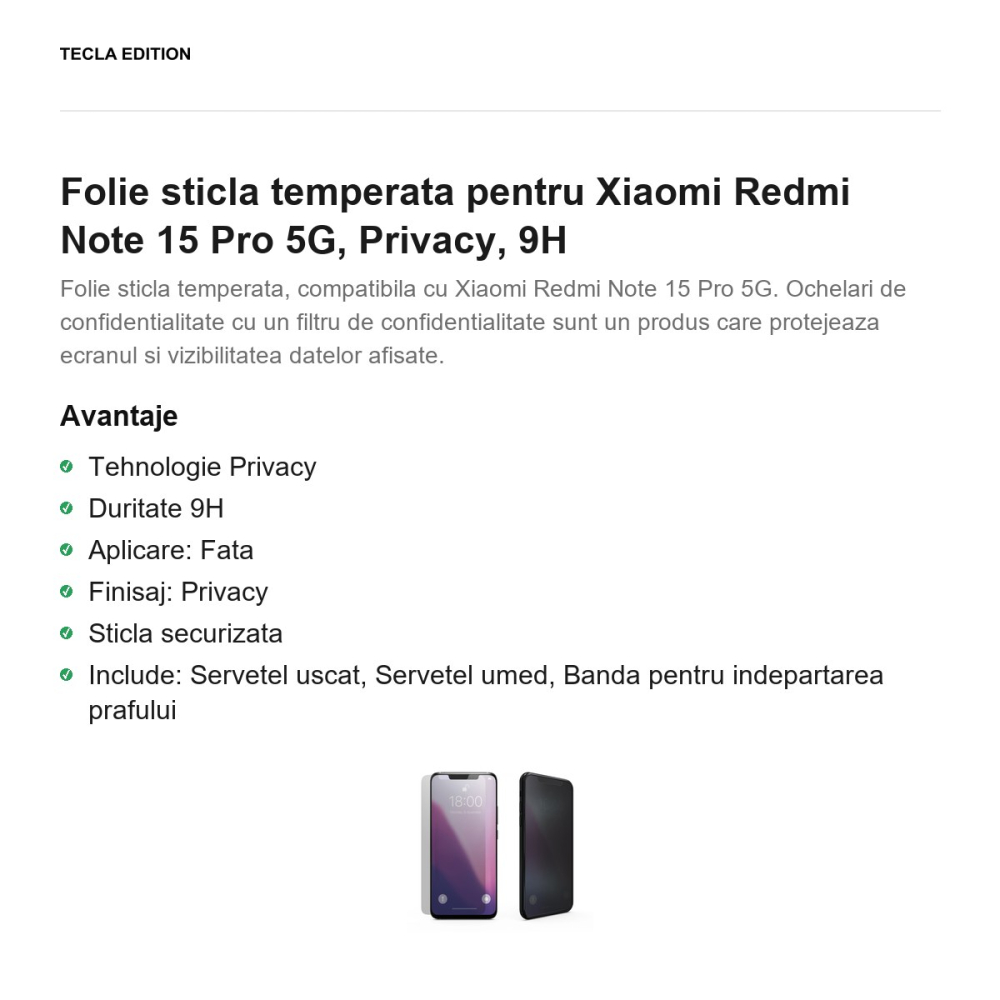 Folie sticla temperata pentru Xiaomi Redmi Note 15 Pro 5G, Privacy, 9H [2]