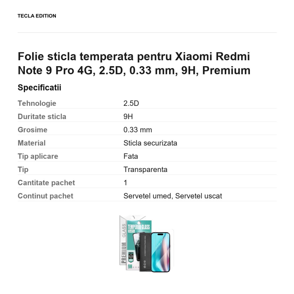 Folie sticla temperata pentru Xiaomi Redmi Note 9 Pro 4G, 2.5D, 0.33 mm, 9H, Premium [3]