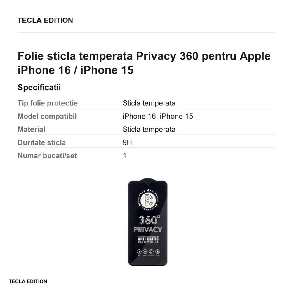 Folie sticla temperata Privacy 360 pentru Apple iPhone 16 / iPhone 15 [3]