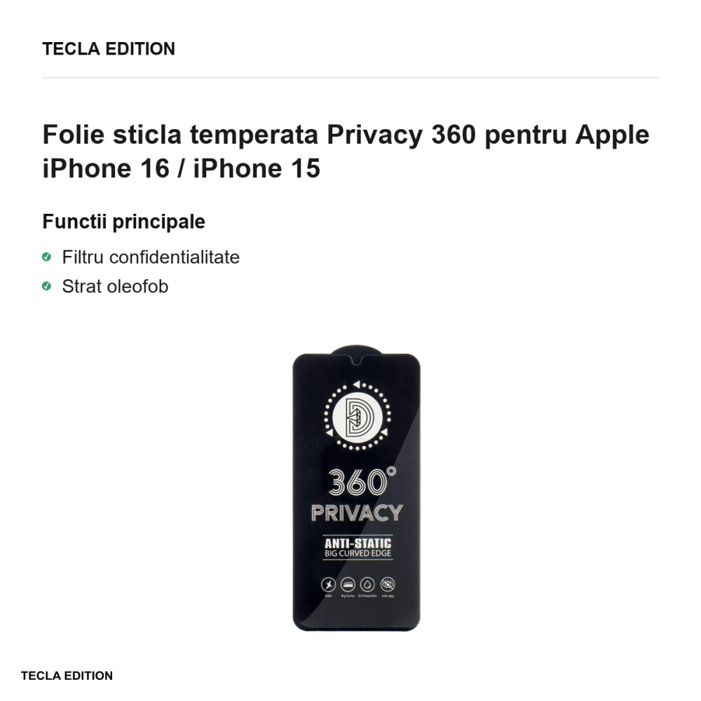 Folie sticla temperata Privacy 360 pentru Apple iPhone 16 / iPhone 15 [2]