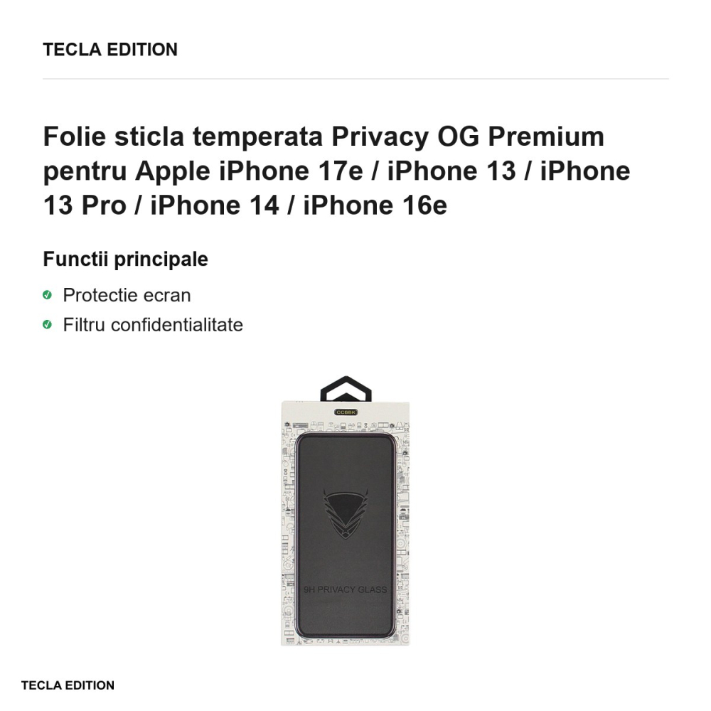 Folie sticla temperata Privacy OG Premium pentru Apple iPhone 17e / iPhone 13 / iPhone 13 Pro / iPhone 14 / iPhone 16e [2]