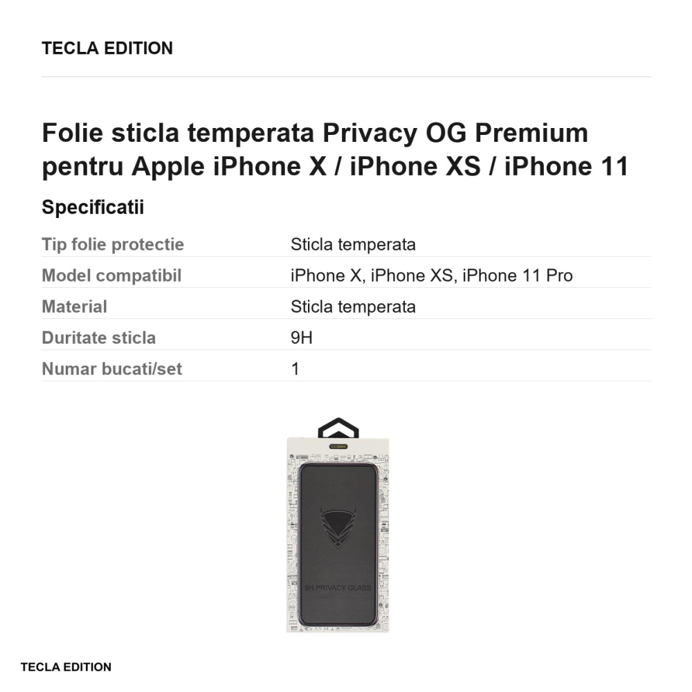 Folie sticla temperata Privacy OG Premium pentru Apple iPhone X / iPhone XS / iPhone 11 Pro [3]