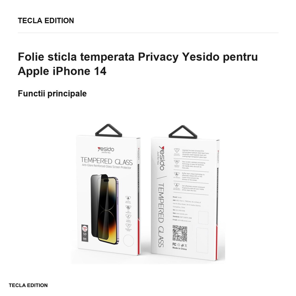 Folie sticla temperata Privacy Yesido pentru Apple iPhone 14 [2]