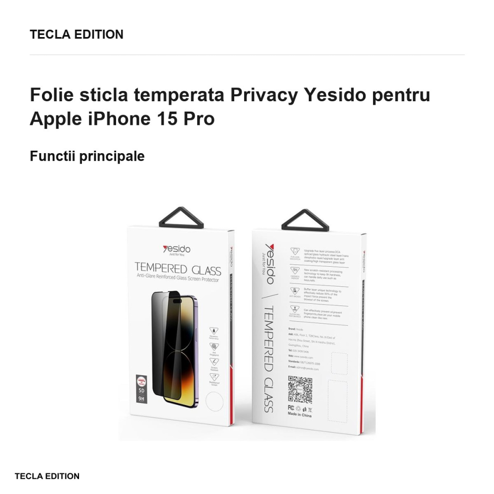 Folie sticla temperata Privacy Yesido pentru Apple iPhone 15 Pro [2]