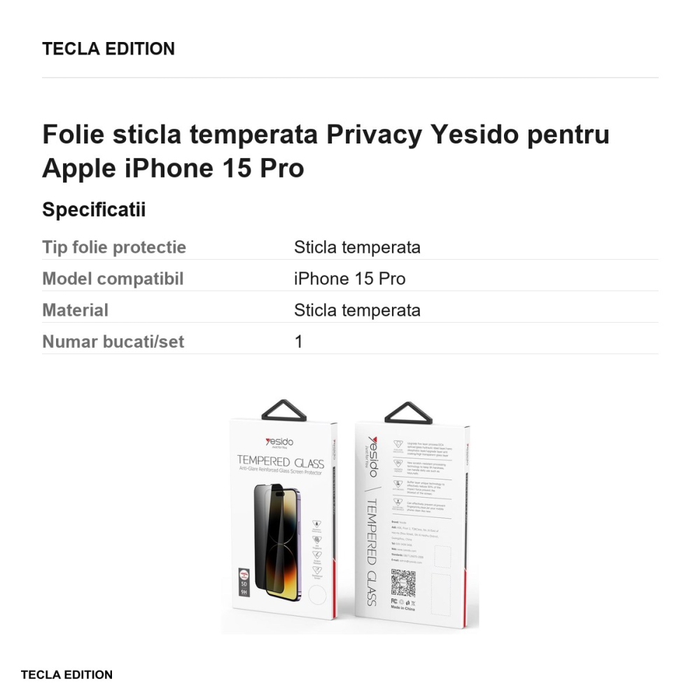 Folie sticla temperata Privacy Yesido pentru Apple iPhone 15 Pro [3]