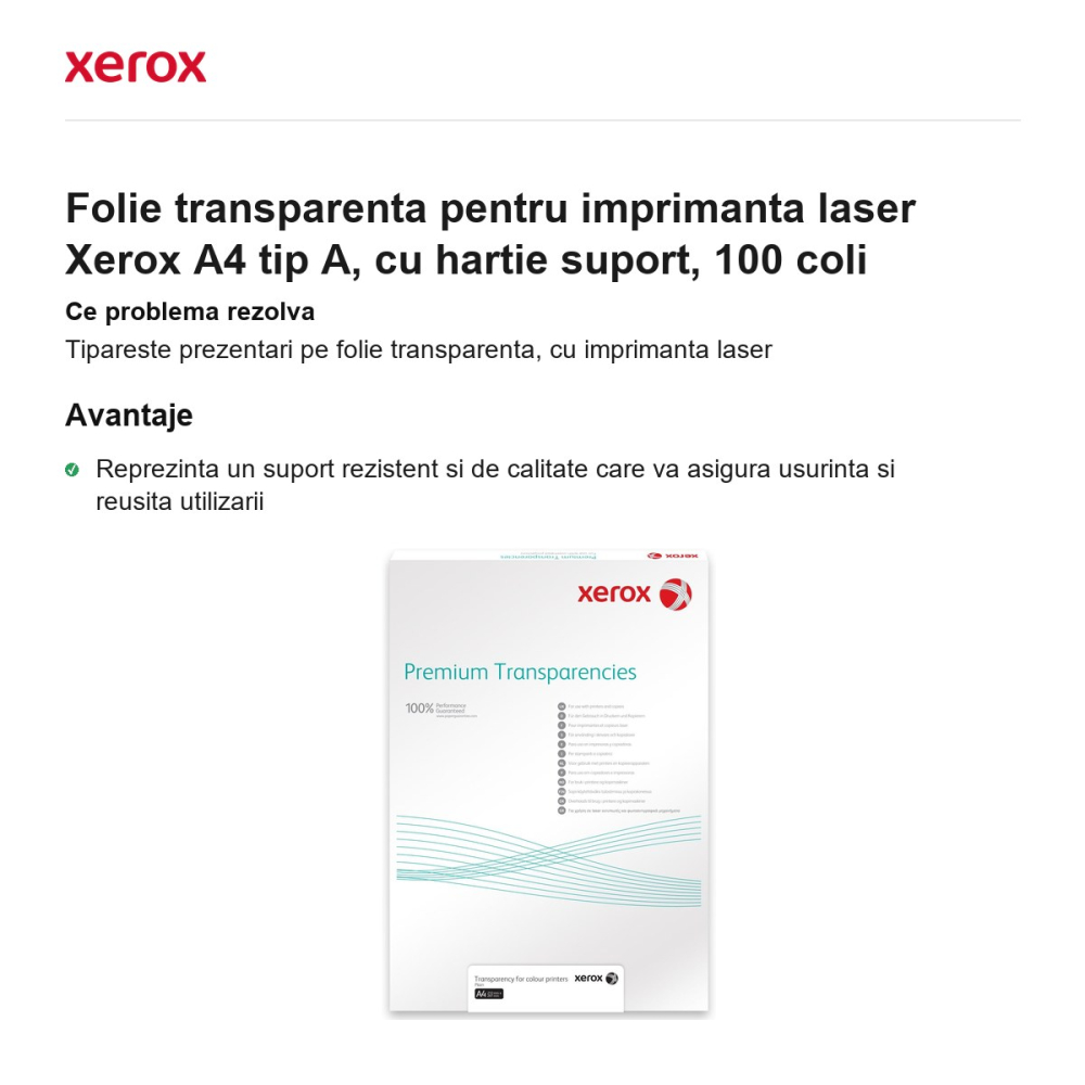 Folie transparenta pentru imprimanta laser Xerox A4 tip A, cu hartie suport, 100 coli [2]