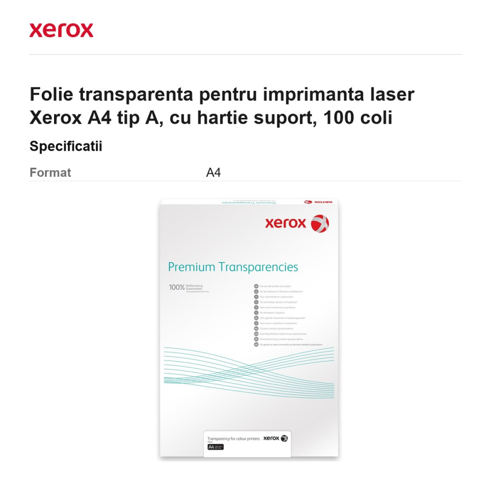 Folie transparenta pentru imprimanta laser Xerox A4 tip A, cu hartie suport, 100 coli [3]