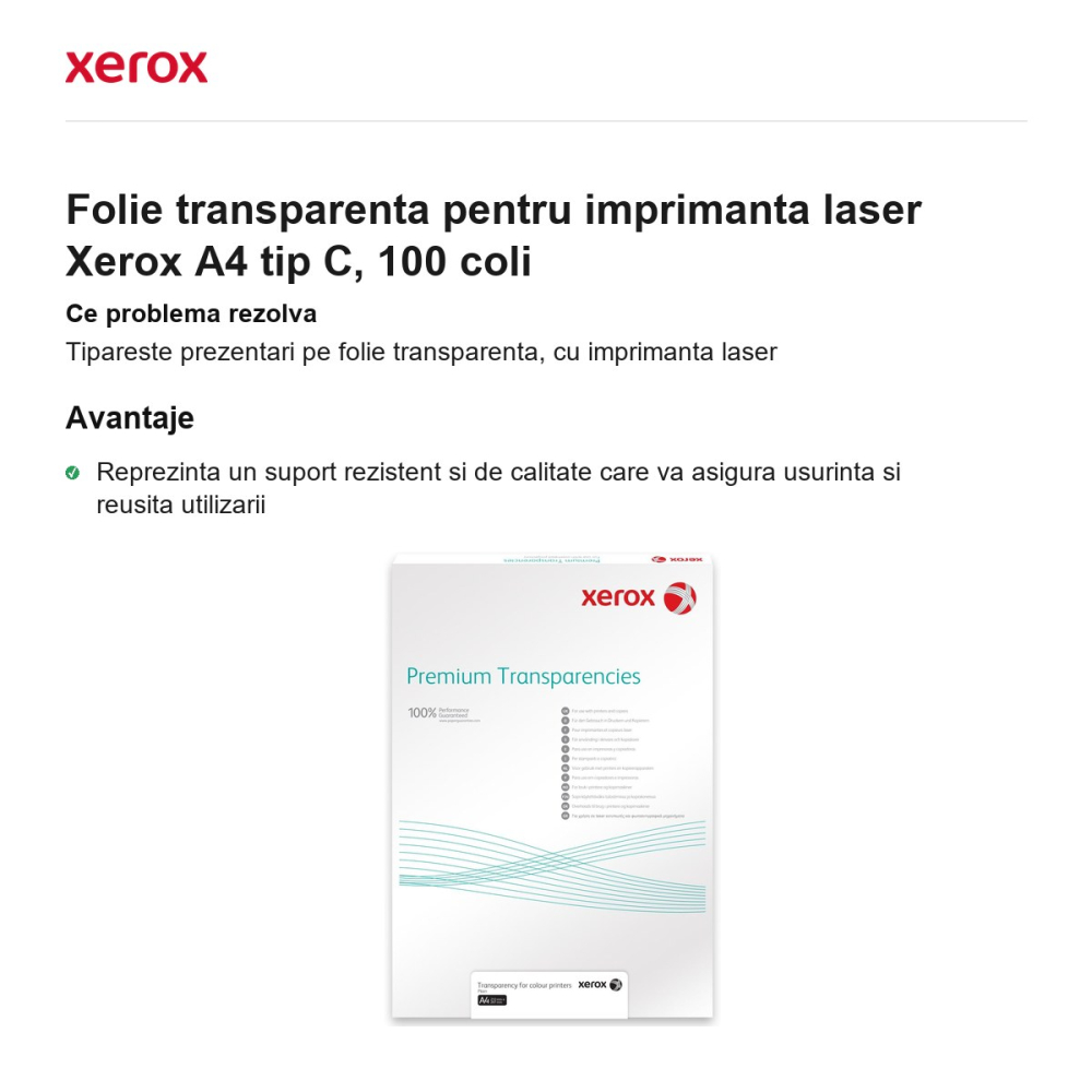 Folie transparenta pentru imprimanta laser Xerox A4 tip C, 100 coli [2]