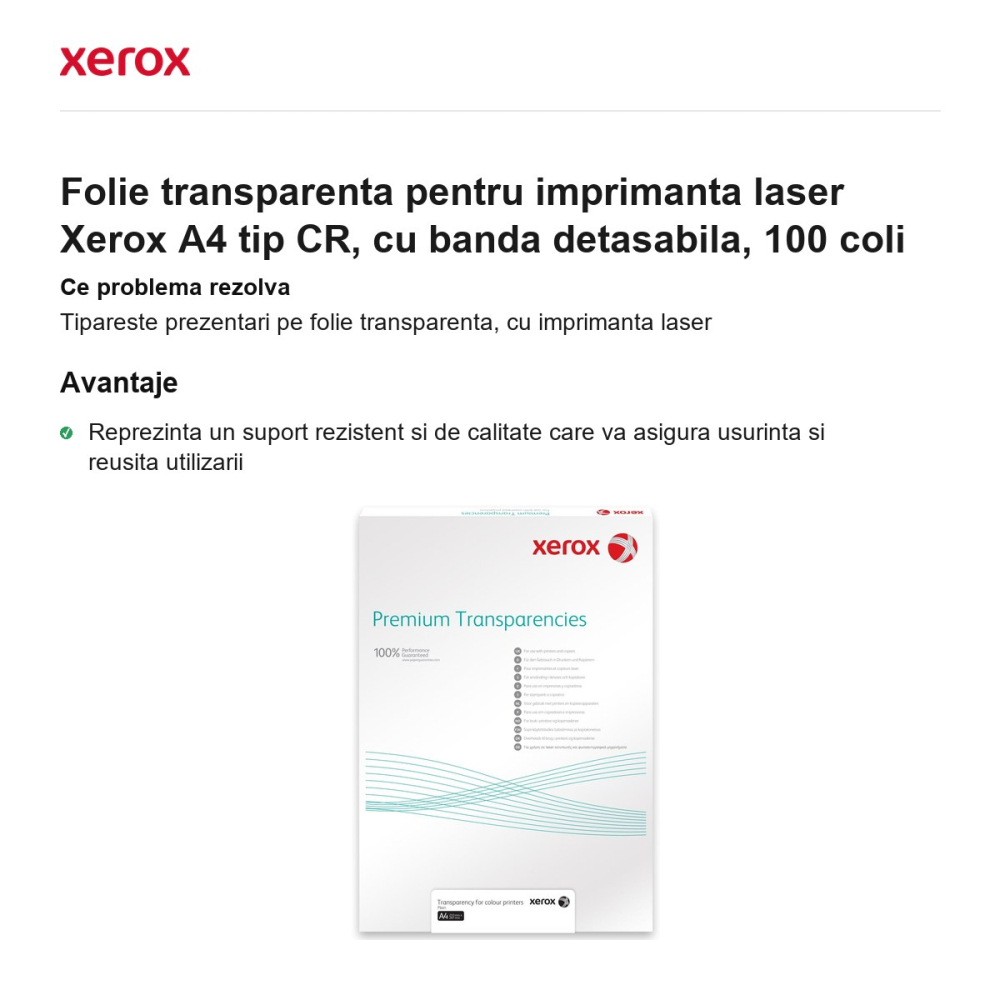 Folie transparenta pentru imprimanta laser Xerox A4 tip CR, cu banda detasabila, 100 coli [2]