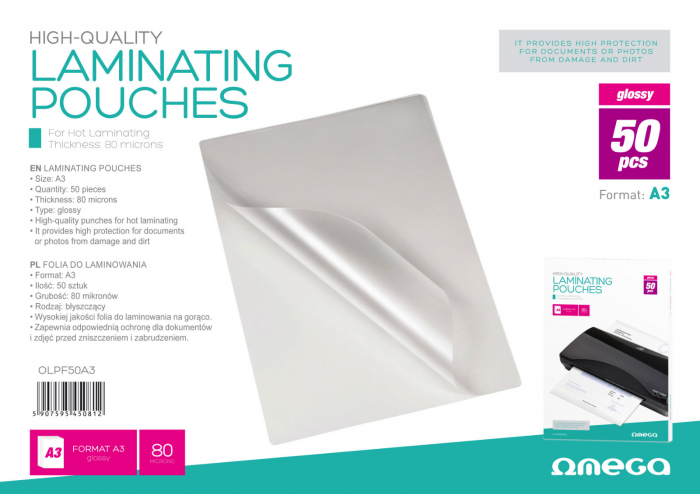 Folii A3 laminare, Omega 45081, pentru laminare la cald, 80 microni, lucioase, set 50 bucati [3]