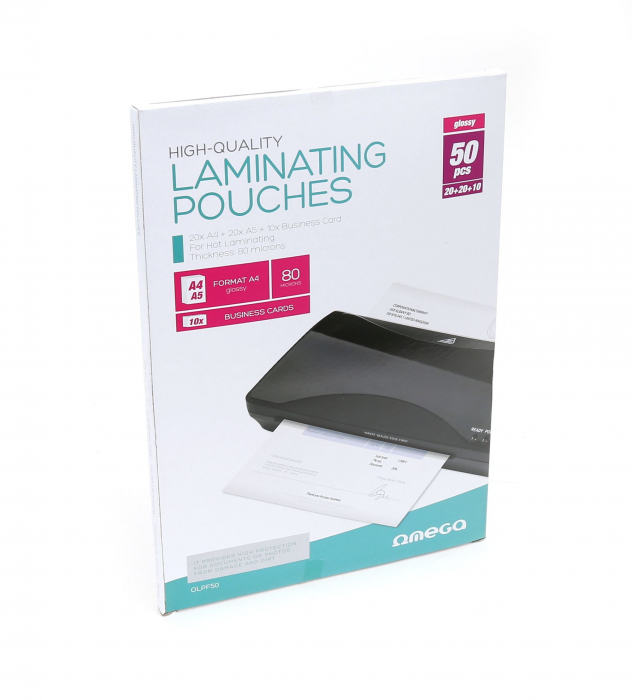 Folii laminare Omega 43503, 20 bucati A4, 20 bucati A5 si 10 pentru carti de vizita, pentru laminare la cald, 80 microni, lucioase, set 50 bucati [2]