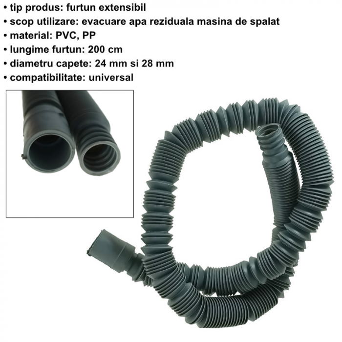 Furtun extensibil evacuare, scurgere pentru masina de spalat, FEE-2M, 2m lungime, 2.4-2.8cm diametru, gri [5]