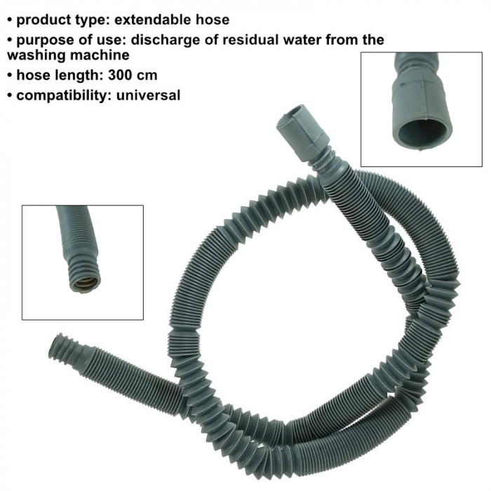 Furtun extensibil evacuare, scurgere pentru masina de spalat, FEE-3M, 3m lungime, 2.7-2.8cm diametru, gri [5]