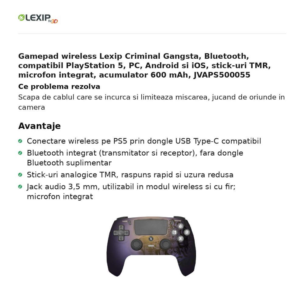 Gamepad wireless Lexip Criminal Gangsta, Bluetooth, compatibil PlayStation 5, PC, Android si iOS, stick-uri TMR, microfon integrat, acumulator 600 mAh, JVAPS500055 [2]