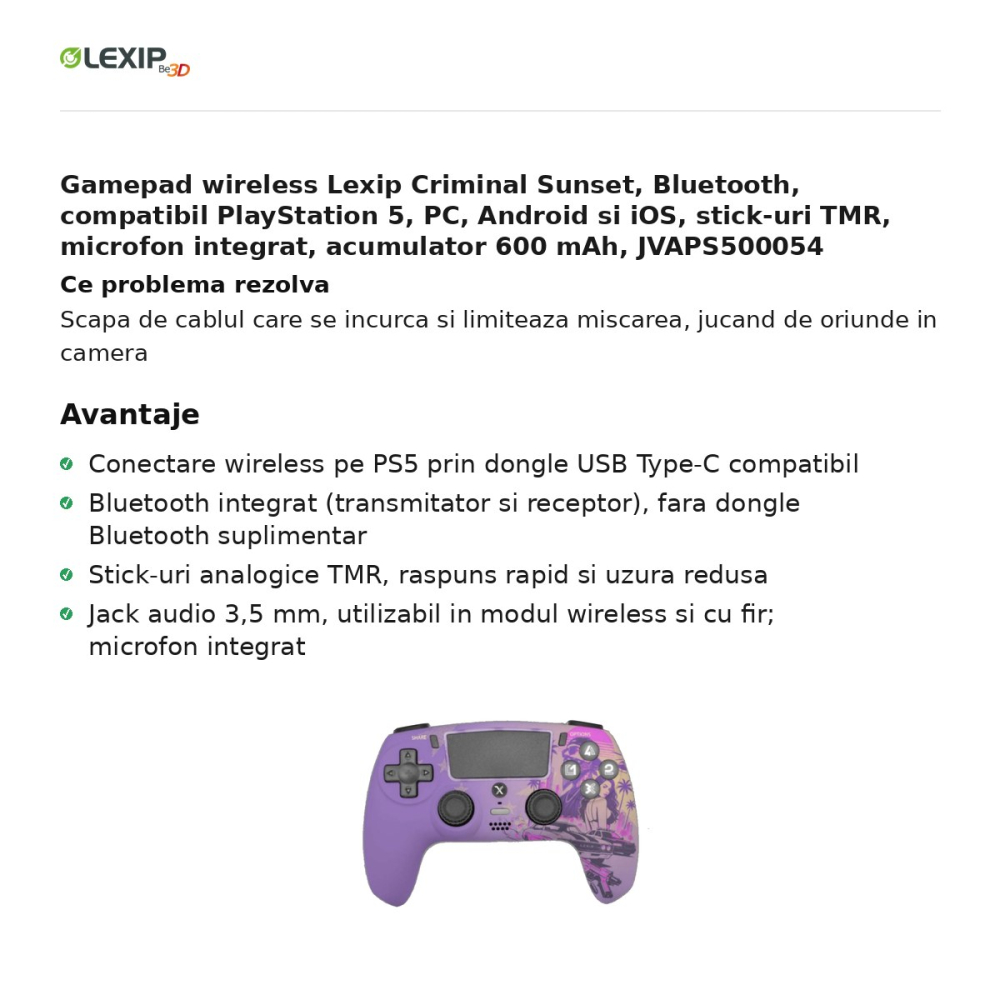 Gamepad wireless Lexip Criminal Sunset, Bluetooth, compatibil PlayStation 5, PC, Android si iOS, stick-uri TMR, microfon integrat, acumulator 600 mAh, JVAPS500054 [2]