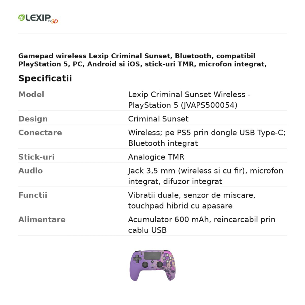 Gamepad wireless Lexip Criminal Sunset, Bluetooth, compatibil PlayStation 5, PC, Android si iOS, stick-uri TMR, microfon integrat, acumulator 600 mAh, JVAPS500054 [3]