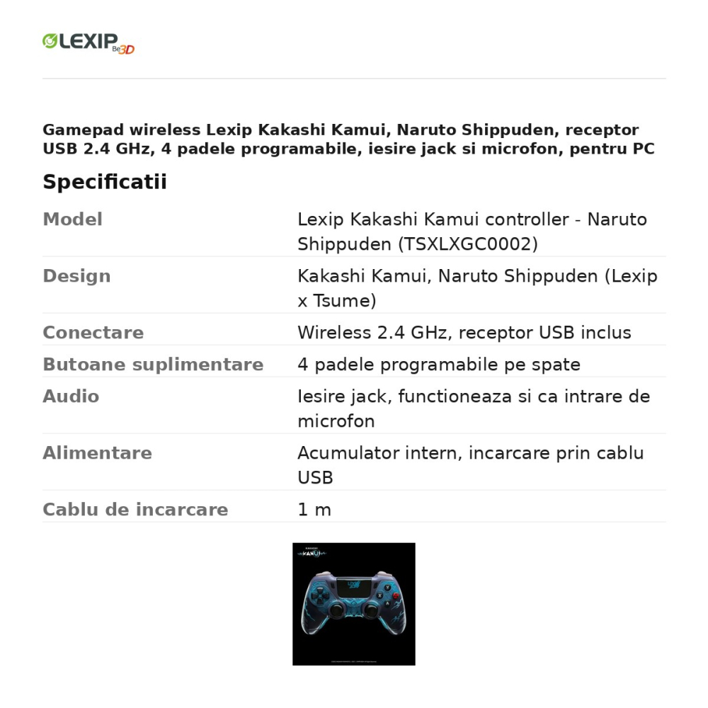 Gamepad wireless Lexip Kakashi Kamui, Naruto Shippuden, receptor USB 2.4 GHz, 4 padele programabile, iesire jack si microfon, pentru PC si Nintendo Switch, TSXLXGC0002 [3]