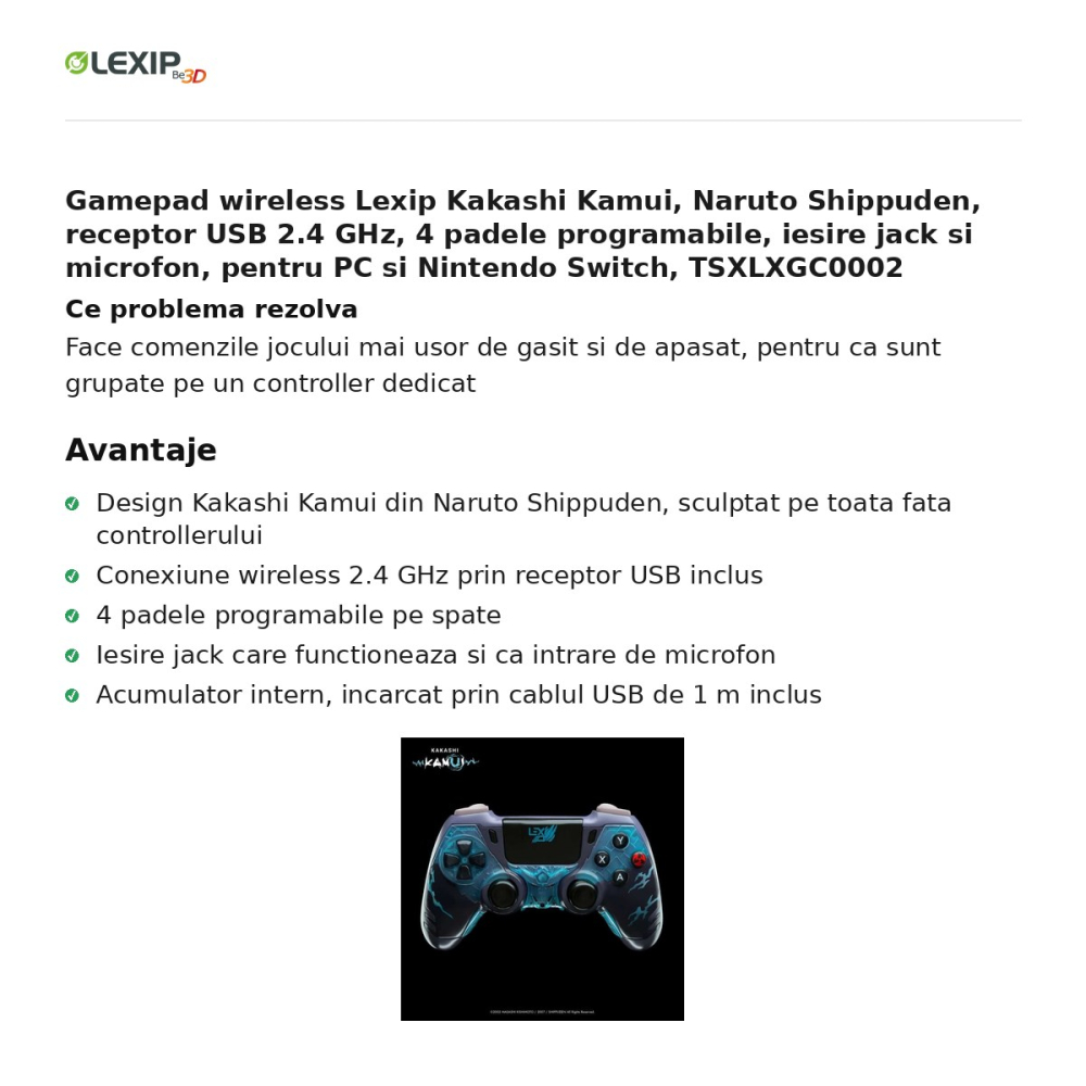 Gamepad wireless Lexip Kakashi Kamui, Naruto Shippuden, receptor USB 2.4 GHz, 4 padele programabile, iesire jack si microfon, pentru PC si Nintendo Switch, TSXLXGC0002 [2]