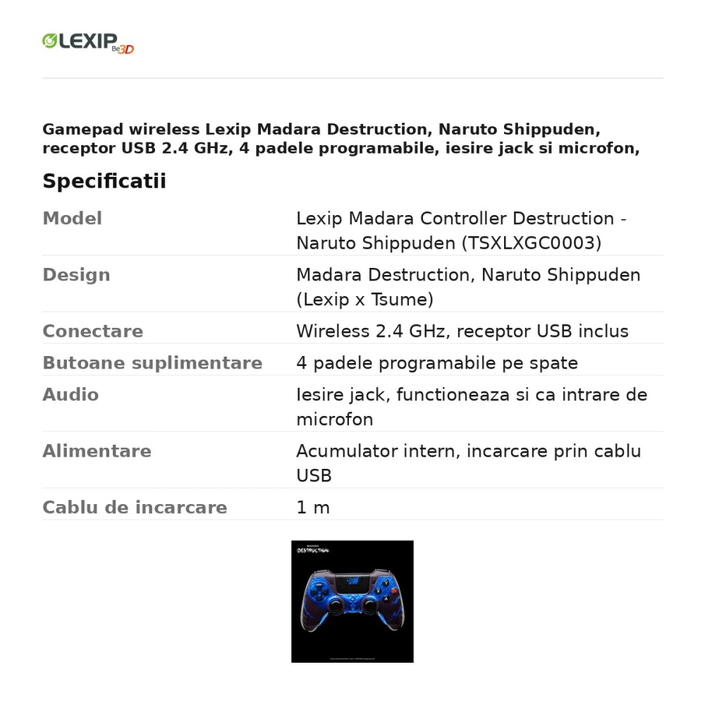 Gamepad wireless Lexip Madara Destruction, Naruto Shippuden, receptor USB 2.4 GHz, 4 padele programabile, iesire jack si microfon, pentru PC si Nintendo Switch, TSXLXGC0003 [3]