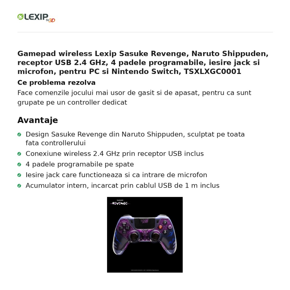 Gamepad wireless Lexip Sasuke Revenge, Naruto Shippuden, receptor USB 2.4 GHz, 4 padele programabile, iesire jack si microfon, pentru PC si Nintendo Switch, TSXLXGC0001 [2]