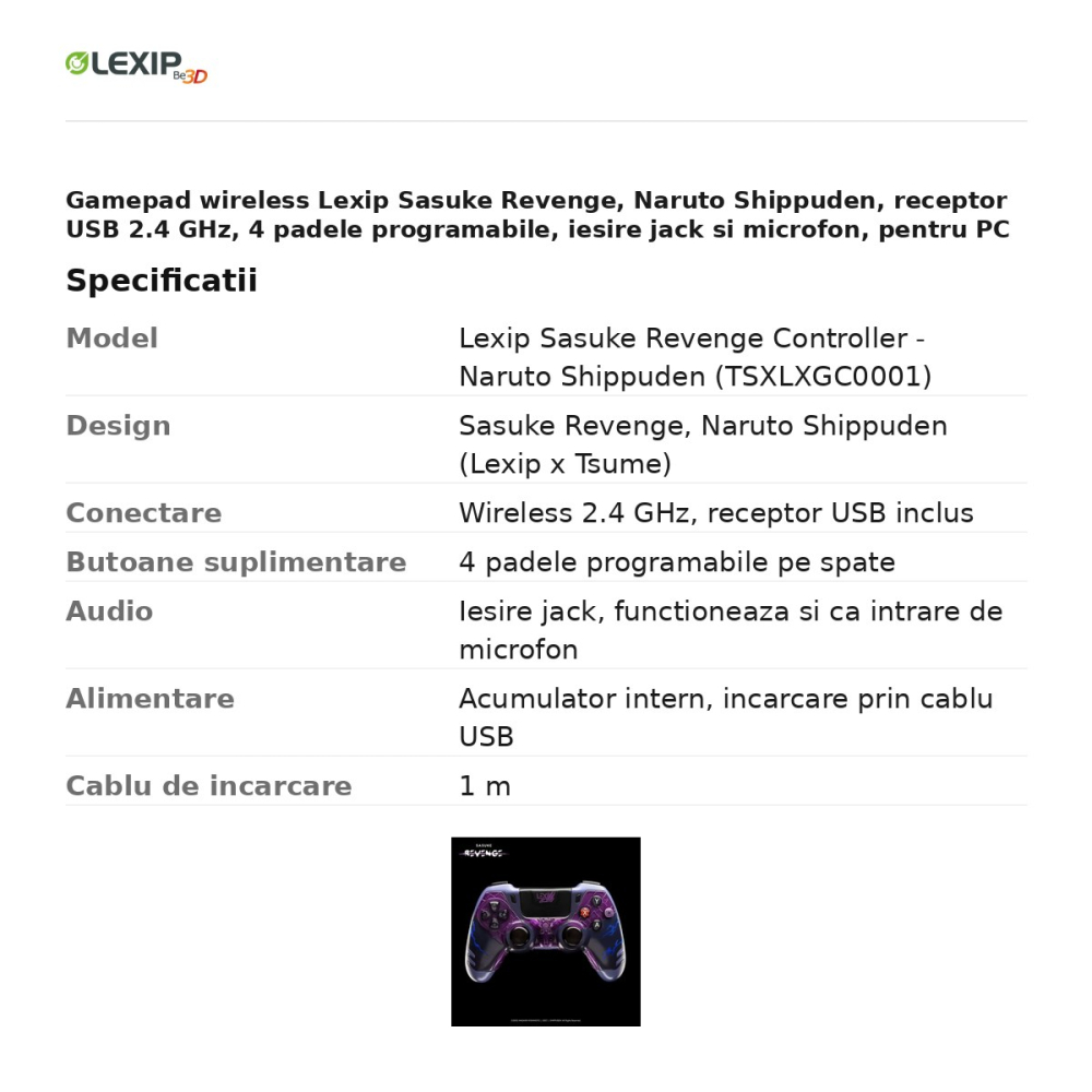 Gamepad wireless Lexip Sasuke Revenge, Naruto Shippuden, receptor USB 2.4 GHz, 4 padele programabile, iesire jack si microfon, pentru PC si Nintendo Switch, TSXLXGC0001 [3]