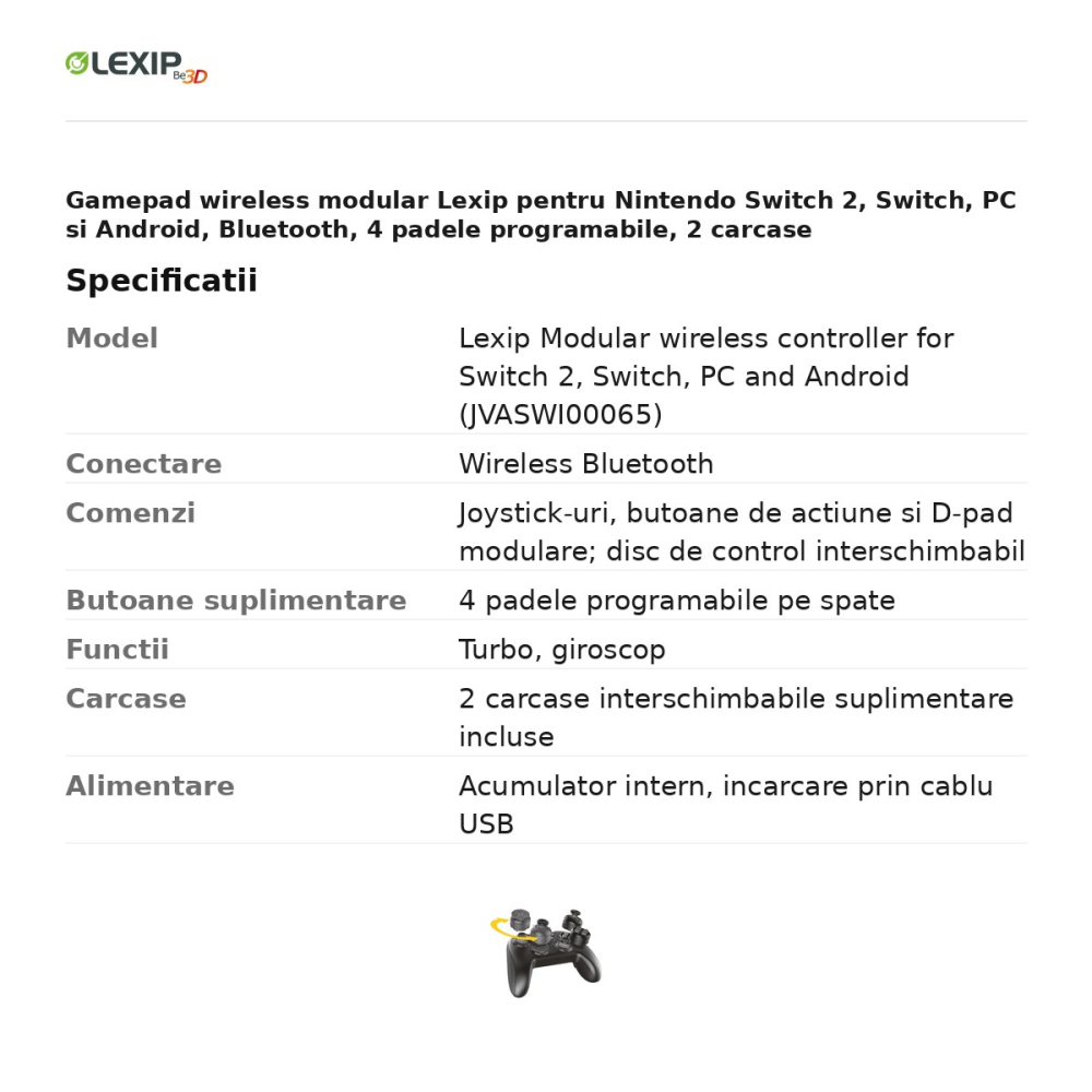 Gamepad wireless modular Lexip pentru Nintendo Switch 2, Switch, PC si Android, Bluetooth, 4 padele programabile, 2 carcase interschimbabile incluse, JVASWI00065 [3]