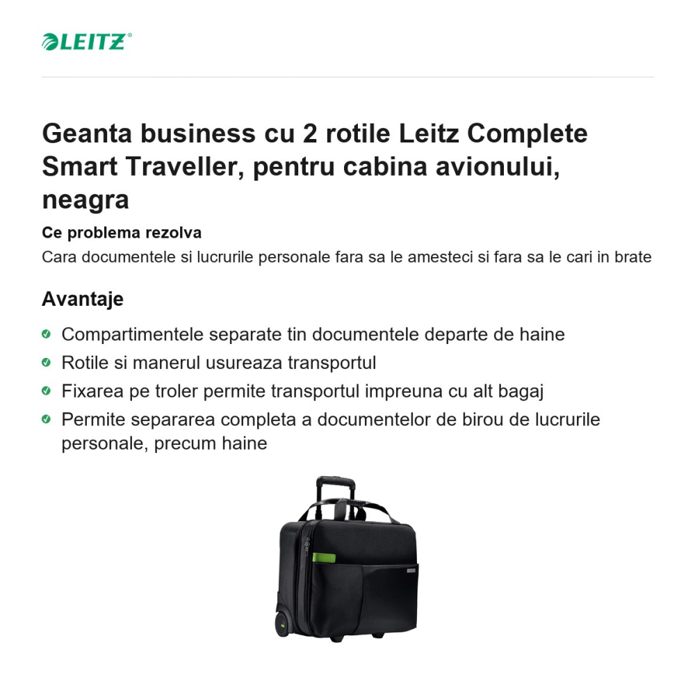 Geanta business cu 2 rotile Leitz Complete Smart Traveller, pentru cabina avionului, neagra [2]