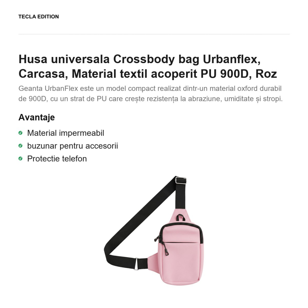 Geanta crossbody Urbanflex pentru telefon, material textil oxford 900D acoperit PU, impermeabila, curea reglabila pana la 125 cm, cu buzunar pentru accesorii, Roz [2]