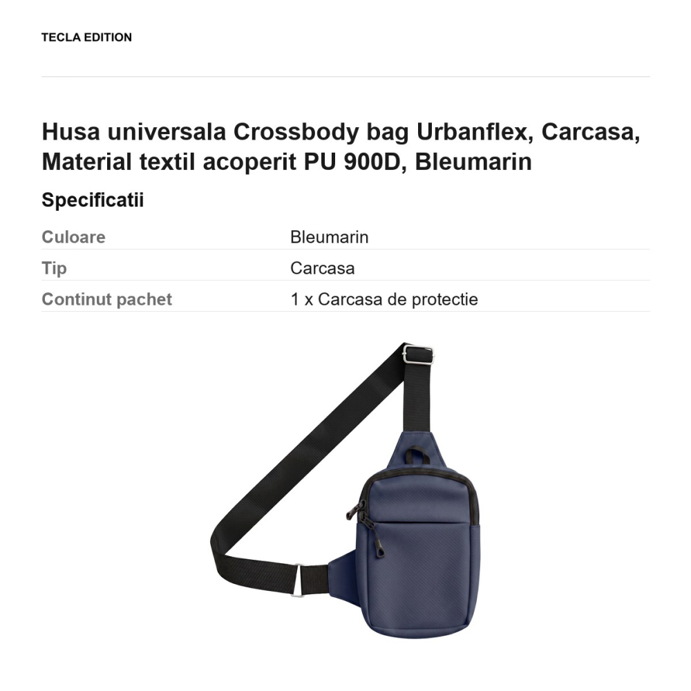 Geanta crossbody Urbanflex pentru telefon, material textil oxford 900D acoperit PU, impermeabila, curea reglabila pana la 125 cm, cu buzunar pentru accesorii, Bleumarin [3]