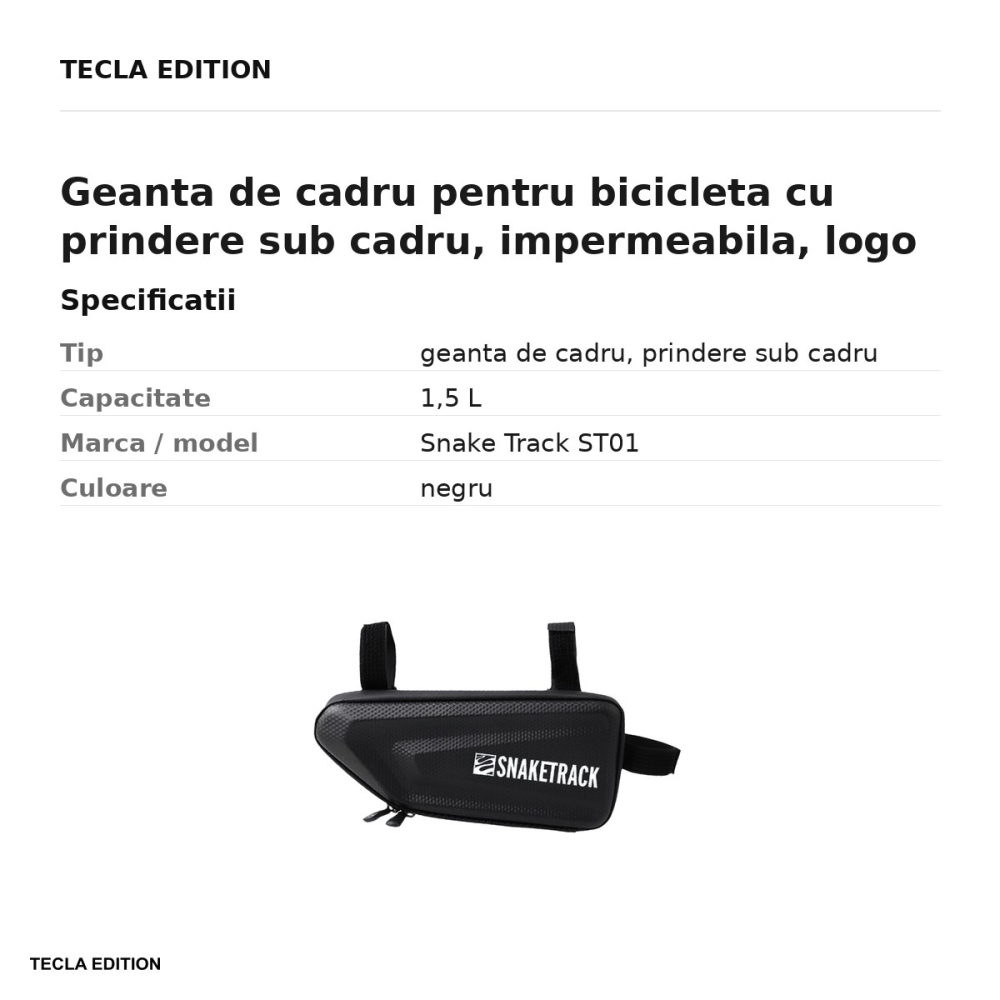 Geanta de cadru pentru bicicleta cu prindere sub cadru, impermeabila, logo reflectorizant, Snake Track ST01, neagra [3]